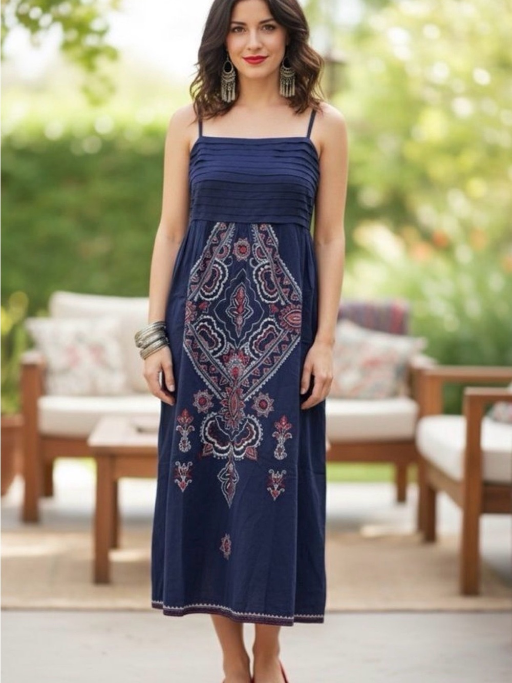 Anthropologie Chaudry/RAGA NWT Pleated Embroidered Cotton Midi Dress Size Large